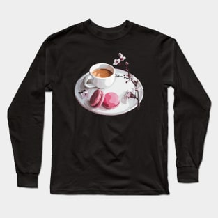 Espresso coffee with two vibrant pink macaroons with a cherry blossom stem Long Sleeve T-Shirt